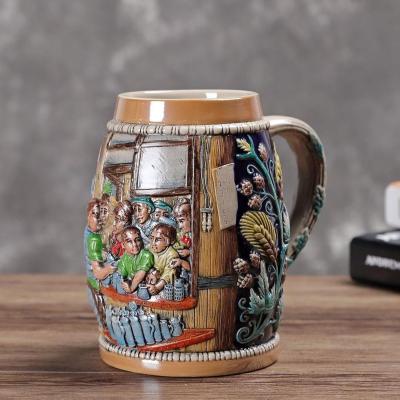 China High Quality Sustainable Oktoberfest 3D Relief Embossed German Ceramic Beer Mug With Metal Lid for sale