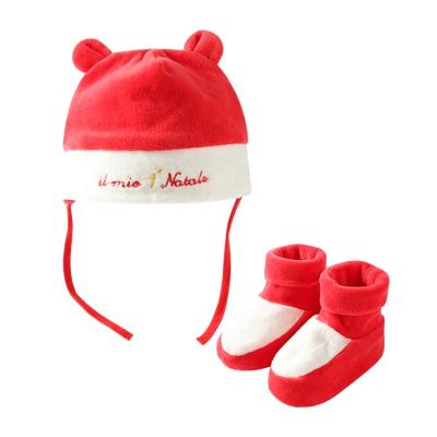 China Wholesale Super Soft Customized Toddlers Christmas Hats&Shoes 2 Pieces Set Soft Knitted Velvet Hats Infant Shoes For Babies for sale