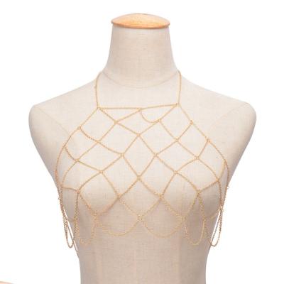 China European and American summer hyperbole sexy gold and silver Mesh Chain Bra Body Chain BodyChain body chain for sale