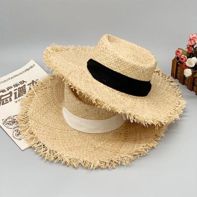 China Dobby Natural Straw Raffia Flat Women's Summer Sun Protection Beach Side Fringe Bandage Cool Hat for sale