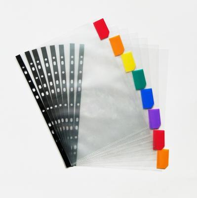 China Hot Sale Waterproof PP A4 Size Sheet Protector with Rainbow Index Divider Plastic Hole A4 11 Sheet Protectors for sale