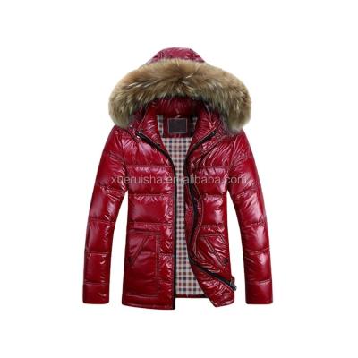 China Breathable Shiny Faux Fur Mens Winter Coat Hooded Goose Down Filled Jacket for sale