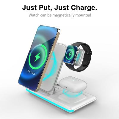 China Portable Mobile Phone Fold 3 in 1 Magnetic Qi Wireless Phone Charger Holder for iPhone Foldable Wireless Charger for Apple Fast Charging for sale