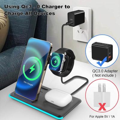 China 2023 Newest Mobile Phone 3 in 1 Fast Wireless Mobile Phone Charger Charging Stand Portable 3 in 1 Wireless Charger with FCC CE ROSH for sale