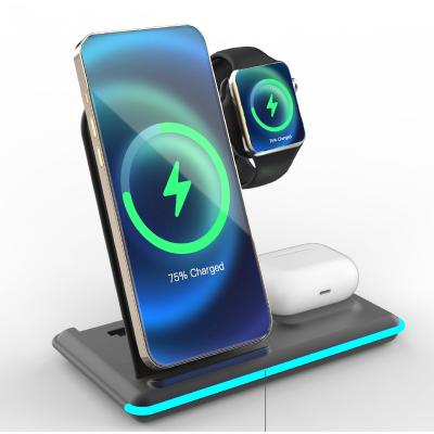 China Portable Mobile Phone Fold 3 in 1 Magnetic Qi Wireless Phone Charger Holder for iPhone Foldable Wireless Charger for Apple Fast Charging for sale