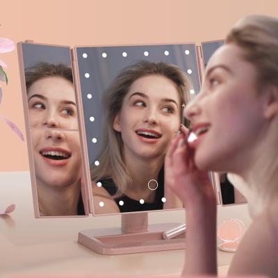 China Trifold Lighted Best Lady Girl Foldable Led Makeup Cosmetic Mirror Custom Logo Gift With Adjustable Light for sale