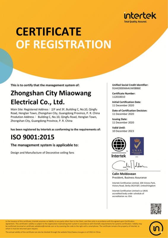 ISO9001:2015 - Zhongshan Miaowang Electric Appliance Co., Ltd.