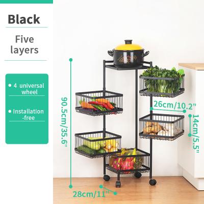 China Hot New Design Rotatable Floor Metal Shelf Living Room Kitchen Viable Mobile 5 Layer Fruit And Vegetable Snack Rack for sale