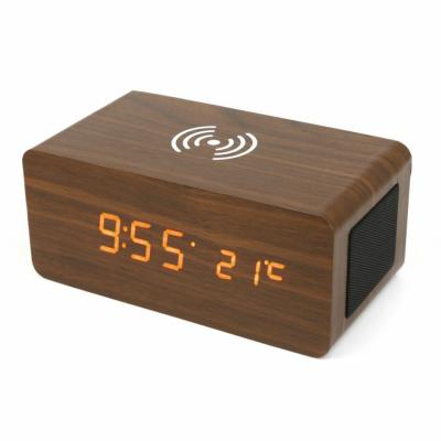 China For 2021 Hot Modern Cell Phone 3 In 1 Multifunctional Sound Clock Wooden Alarm Clock Alarm Clock Wireless Desktop Charger Square Speaker for sale