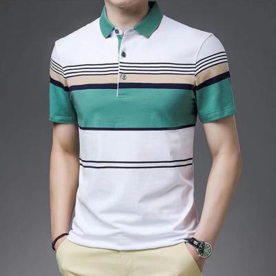 China Anti-Wrinkle Summer Mens V Neck Polo Cotton Short Sleeve T-shirt Stripe Design Custom Wool Knitted Men Polo Shirt for sale