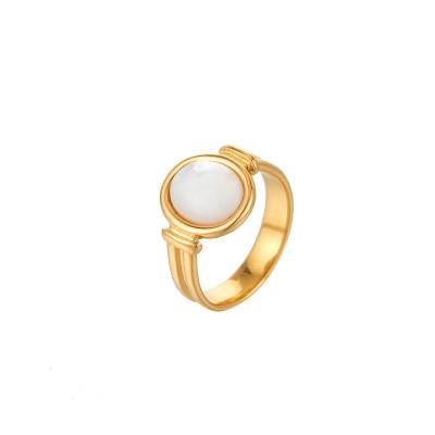 China Wholesale Vintage Fashion 18K Gold Plated Oval Curved White Shell Stainless Steel Ring For Women for sale