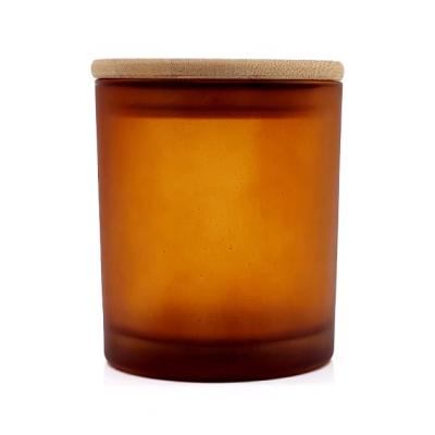 China Home Decoration / Candle Making LKA08M Hot-selling Frosted Glass Candle Container with Wooden Lids for DIY Candle Making for sale