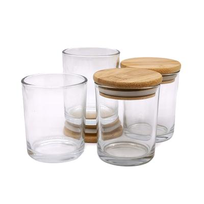 China Making Scented Candles LKA03T Pillar Shape Transparent Clear Glass Candle Jar With Bamboo Lid for sale