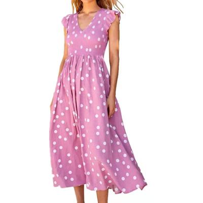 China New Workable Spring And Summer V-Neck Waist Closing Big Skirt Wave Dot Printing Colorful Casual Dress For Women for sale