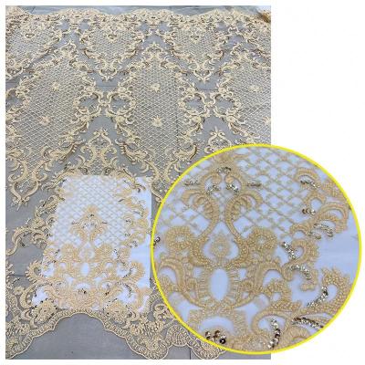 China Sustainable Luxury Lace Tied French Fabric 3D Flower Embroidery Tulle Mesh Sequin Fabric For Wedding Dress for sale