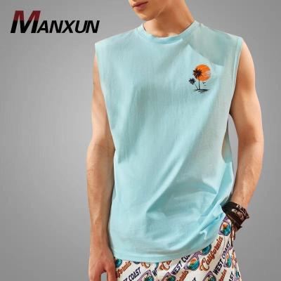 China New Arrival Dye Sleeveless Shirts Anti-Shrink Simple Men's Embroidery Anti-Shrink Plus Size Men's Shirts Blue Shirts For Men 100% Cotton for sale