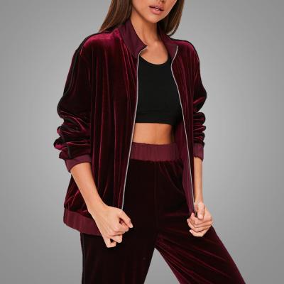 China Dongguan Burgundy velvet anti-pilling anti-pilling white velvet sweat coat zipper binding outerwear jacket by female sports custom for sale