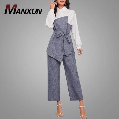 China Factory Customized Two Tone Drop Shoulder Asymmetrical Hem Belted Top & Pants Formal Stylish Tracksuits Women's Tracksuits for sale