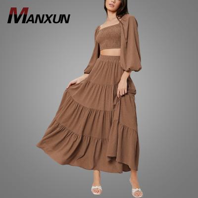 China MX 2021 Latest Design Chiffon Women's Elegant Loose Anti-Static Ruffle Anti-Static Loose Brown Two Piece Dress For Ladies for sale