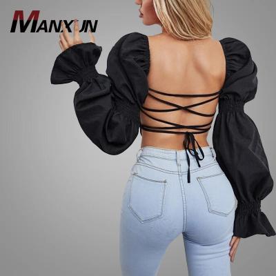 China Anti Shrink Factory Customized Anti Shrink Lace Up Ruffle Sleeve Back Ladies Crop Top Sexy Womens Backless Blouses And Shirts Ladies Plain Blouses for sale