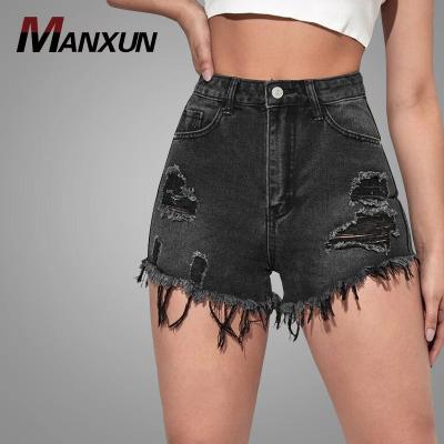 China Anti Wrinkle New Arrival Summer Ladies Short Ripped Fringed Edge Denim Shorts High Waist Women Denim Shorts Button Front Zipper Denim Shorts for sale