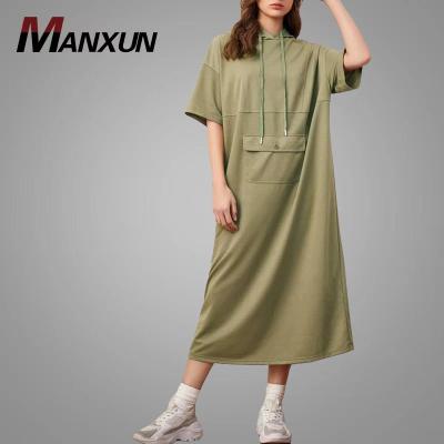 China Newest Anti-Static Women Clothing Drop Shoulder Flap Pocket Anti-Static Women Dresses Drawstring Ladies Half Hoodie Dress Sleeves Casual Outfits for sale