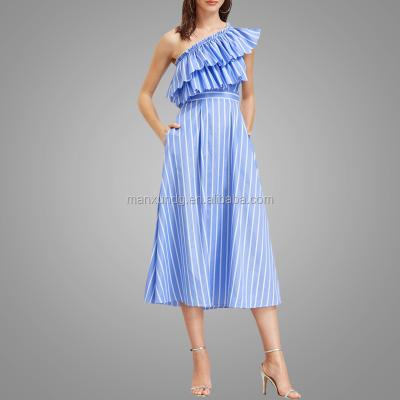 China Women's anti-static anti-static summer fashion one-shoulder long dress elegant blue striped dress high quality ruffles dresses for sale