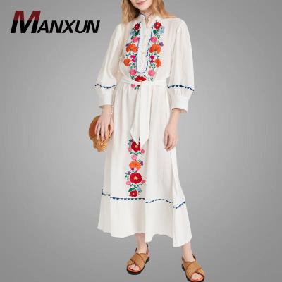 China New Design Anti-Wrinkle Embroidery Long Lantern Sleeve Women Dresses Maxi Dress Women Casual Waist Adjustable Girls Dresses Plus Belt for sale