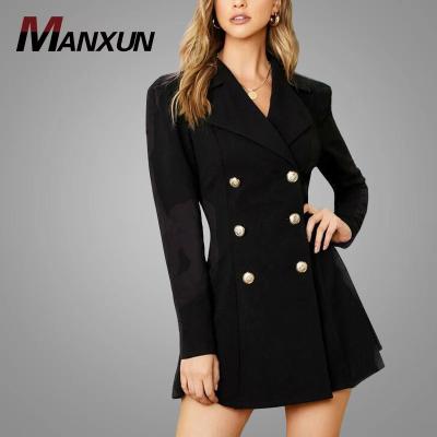 China ESD Anti-Static Notch Collar Double Breasted Blazer Dress Coat Buttoned Front Waist Solid Mini Dress Gathered Shorts Dresses Long Sleeve for sale