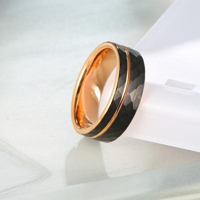 China CLASSIC Two Tone Hammered Pattern Brushed Wedding Partial Finish Men's Rose Gold Black Tungsten Carbide Flute Ring for sale