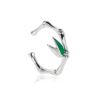 China TRENDY White Gold Plated Enamel Brass Green Texture Bamboo Leaf Adjustable Band Rings Fashion Jewelry For Women Girls for sale