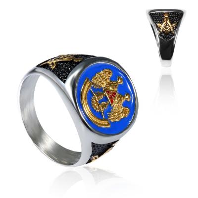 China Stainless Steel Jewelry Ring For Men Masonic Blue CLASSIC Freemason Seal Chunky Double Headed Eagle Triangle No.32 for sale