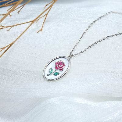 China Trendy White Red Green Enamel Rose Flower In Oval Shaped Pendant Necklace With White Gold Plated Brass For Women Jewelry for sale