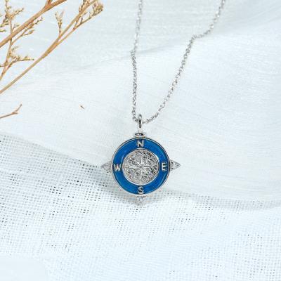 China Trendy Blue Enamel and White Gold Plated Round Brass Compass with CZ Charm Necklace Fashion Pendant Jewelry for Women/Men for sale