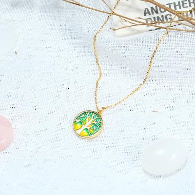 China Trendy Gradient Green Yellow Enamel and White Gold Plated Brass Round Tree of Life Necklace Fashion Pendant Jewelry for Women for sale