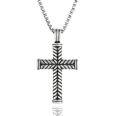 China Hiphop Carved Fluted Dovetail Stainless Steel Charm Vintage Antique Cross Pendant Silver Plated With Box Chain For Men for sale