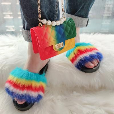 China Fashion Luxury Mini Purses and Furry Handbags and Sandals Sets Ladies Fashion Rainbow Fur Slides and Jelly Bag Set Wholesale for sale