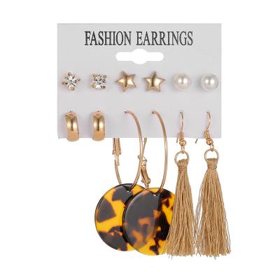 China Wholesale High Quality Pearl Star Metal Stud Earring Set Dangling Leopard Print Tassel Earring for sale