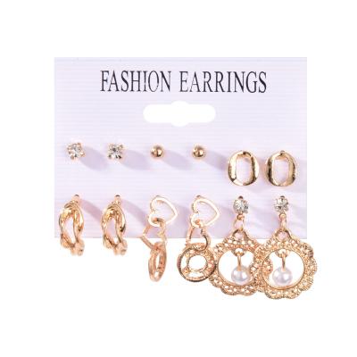 China High Quality Geometric Circle Hollow Stud Earrings Retro 6 Pair Rhinestone Pearl Set Combination Earrings for sale