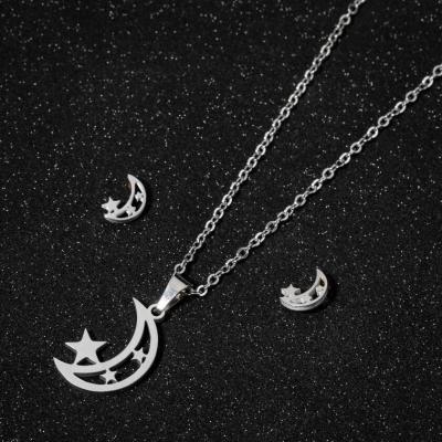 China Romantic 2 Pieces Star Moon Hollow Necklace Stud Set Jewelry Sets High Quality Stainless Steel Jewelry Set for sale