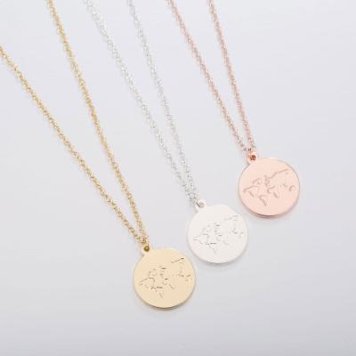 China Romantic Ladies Stainless Steel Round Map Necklace Embossed Simple Personality Engraved Necklace for sale