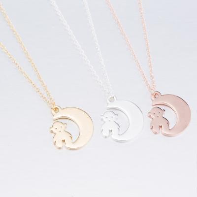 China Stainless Steel Simple Cute Romantic Moon Bear Moon Animals Cartoon Moon Charm Necklace for sale