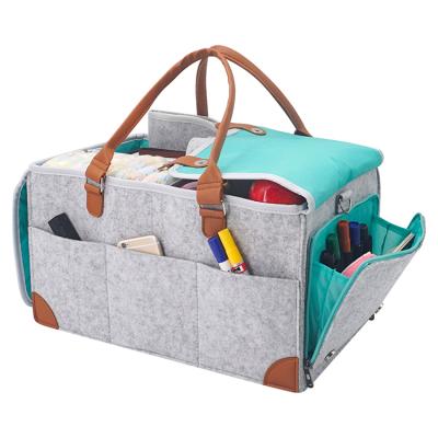 China New Design Portable Felt Organizer With Leather Handle Baby Diaper Caddy Bin Bin Storage Basket Viable Mom Pocket for sale