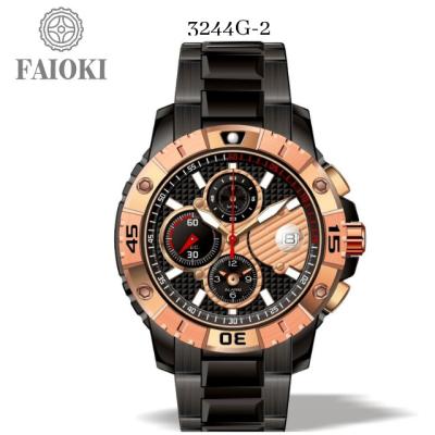 China Customizable Alarm Faioki 3244G Japan Movement Quartz Watch with Minutes, Seconds & Alarm Subdial & Date for sale