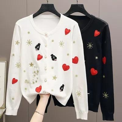 China Wholesale Custom Women's Heart Logo Winter Loose Knit Anti-wrinkle Tops Embroidered Women's Pullover Cardigan Sweater for sale