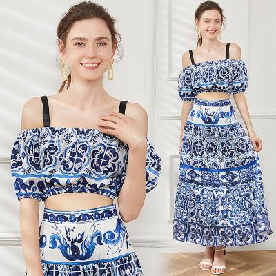 China 2022 QUICK DRY Women Vacation Skirts Suits Summer Shorts Puff Sleeve Top + Blue & White Porcelain Skirt 2 Piece Set for sale