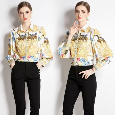 China Vintage Print Long Sleeve Lantern Sleeve Blouses Button Turn-down Straight Collar Comfortable Loose Anti-pilling Shirt Women's Clothing for sale