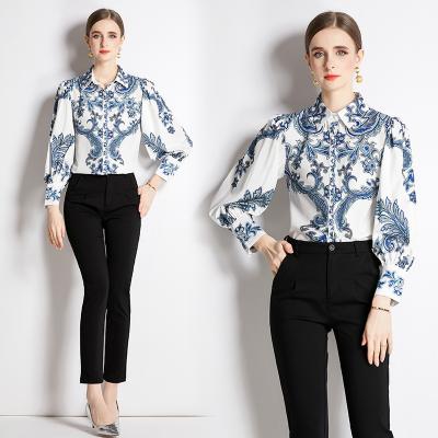 China Fashion Button Anti-pilling Turn-Down Loose Straight Collar Paisley Print Long Sleeve Casual Shirts Spring Autumn Blouses Women Clothing for sale