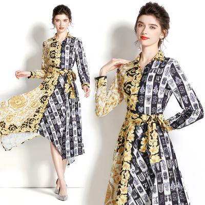 China 2022 Spring Autumn Runway Colorbock Irregular Shirt Anti-wrinkle Dress Women's Round Neck Bow Belt Down Long Vintage Print Midi Dress for sale