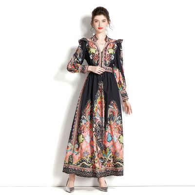 China Print Fashion Spring Dress Shirt Long Sleeve Office Anti-Wrinkle V-Neck Straight Slit Maxi Dress Elegant Casual Women Dress Dress for sale